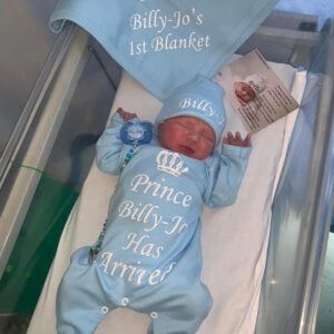 Personalised Prince Has Arrived Baby grow Hat and Blanket Set