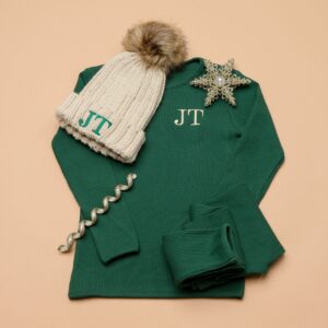 Personalised Forest Green Christmas Ribbed Loungewear and Matching Oatmeal Hat.