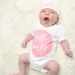 Pink Hello World Baby Vest and Hat Set
