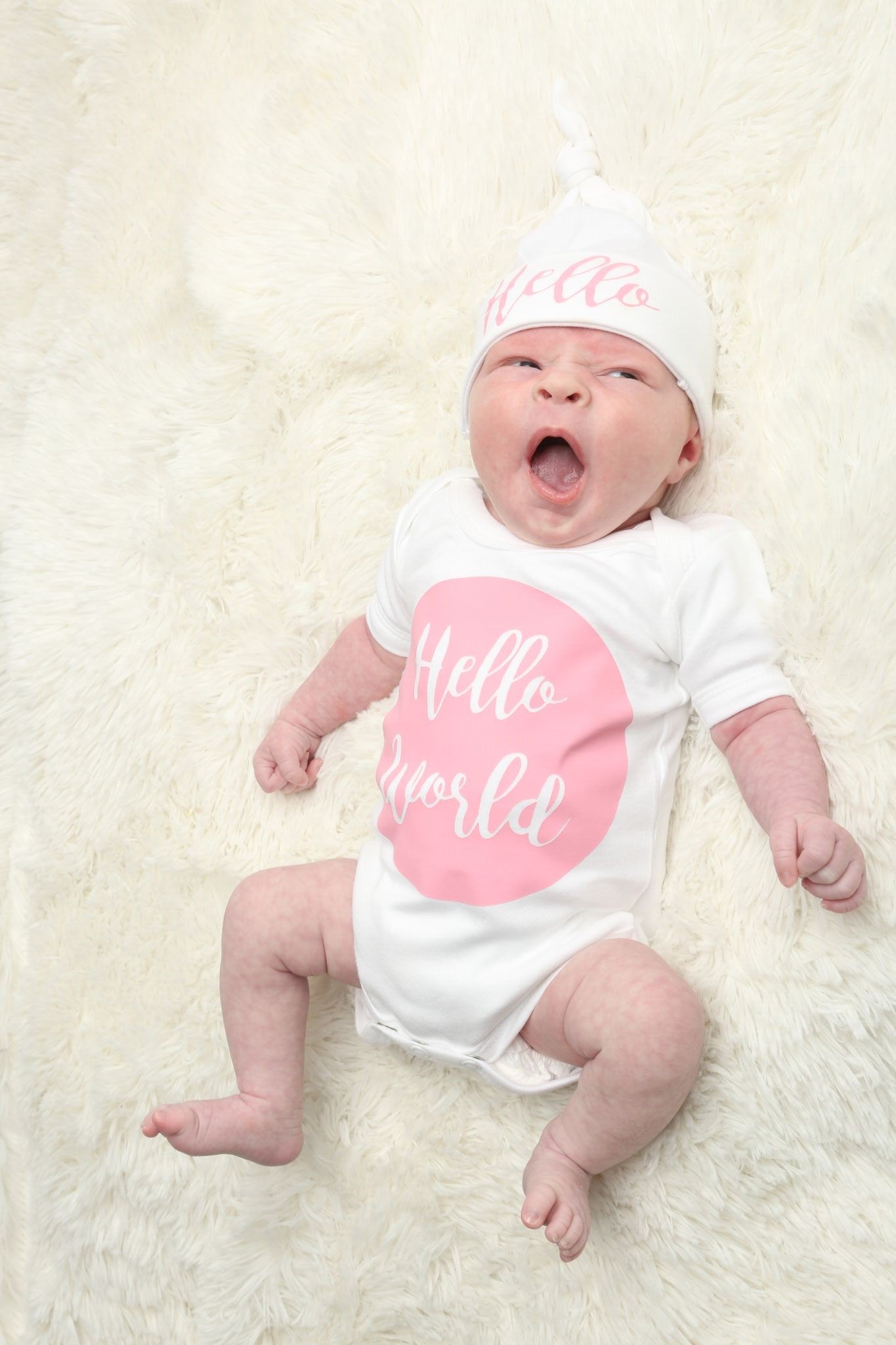 Pink Hello World Baby Vest and Hat Set