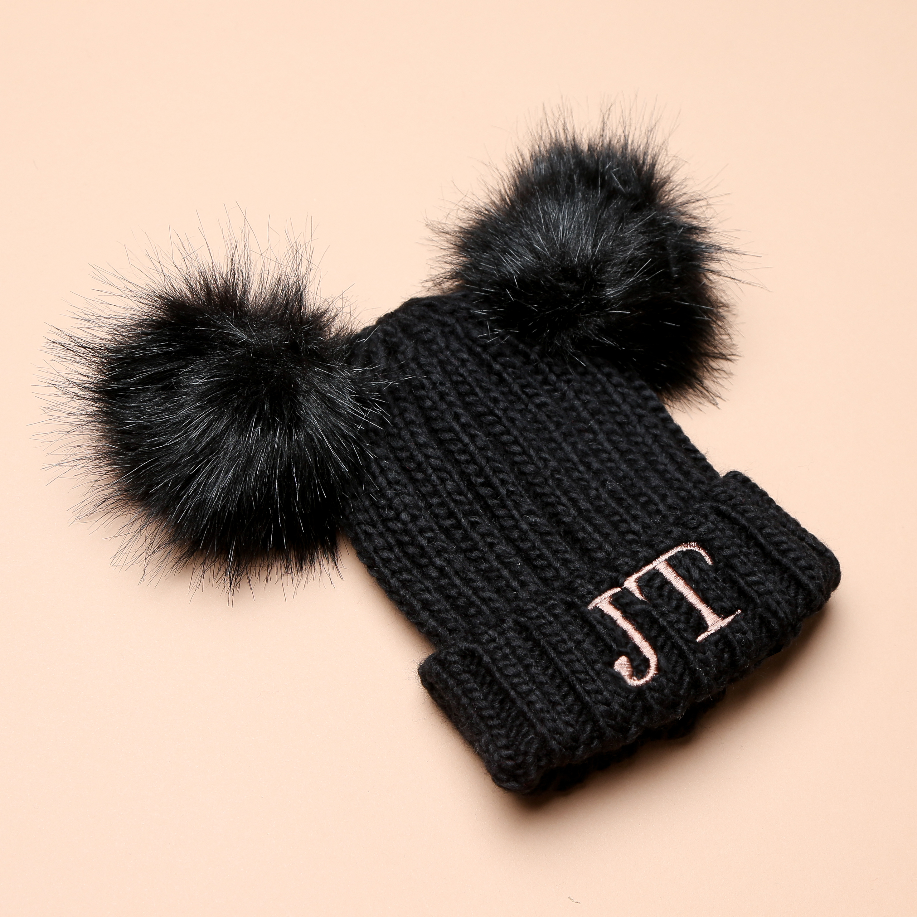 Personalised Black Faux Fur Initial Double Pom Hat