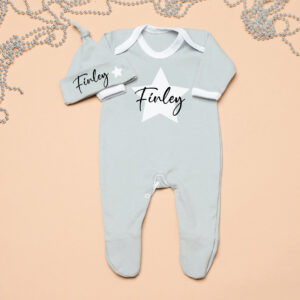 Personalised Grey and White Star Babygrow and Hat Set